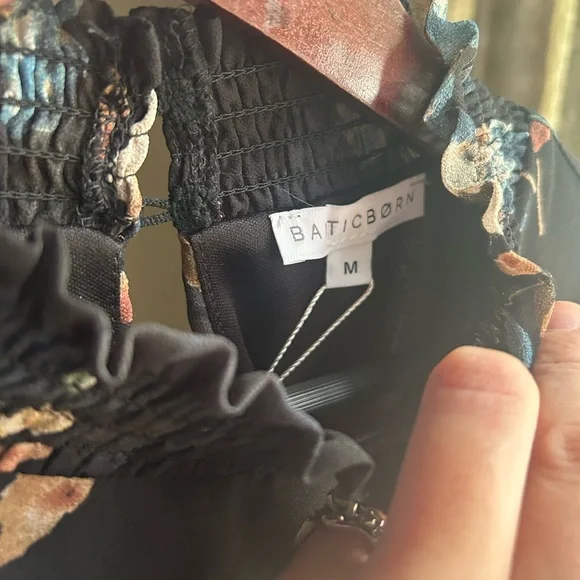 Baltic Born Navy Floral Maxi Dress - High Neck, Ruffle Hem, Gauzy Sleeves - Picture 3 of 5